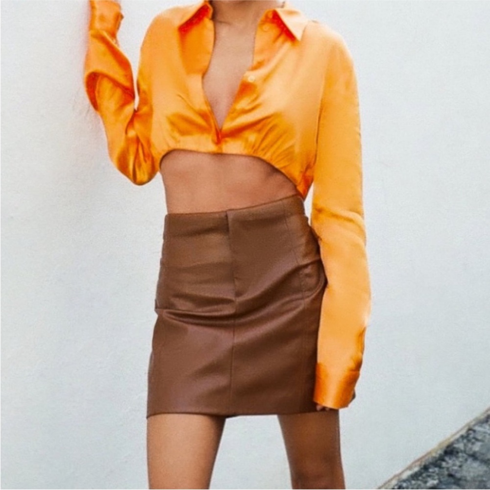 Brand new zara minimalist faux leather Brown Mini Skirt - Picture 1 of 4